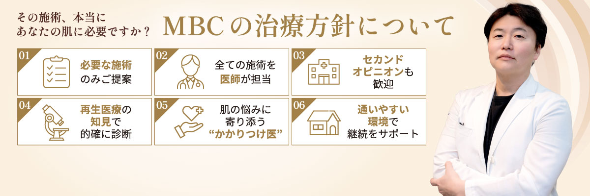 その施術、本当にあなたの肌に必要ですか？MBCの治療方針について 必要な施術のみご提案 全ての施術を医師が担当 セカンドオピニオンも歓迎 再生医療の知見で的確に診断 肌の悩みに寄り添う”かかりつけ医” 通いやすい環境で継続をサポート