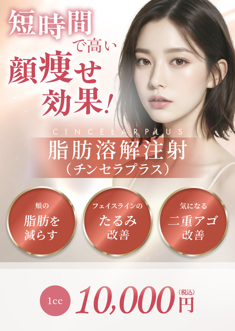 頬の脂肪を減らす フェイスラインのたるみ改善 気になる二重アゴ改善 1cc 10,000円(税込)
