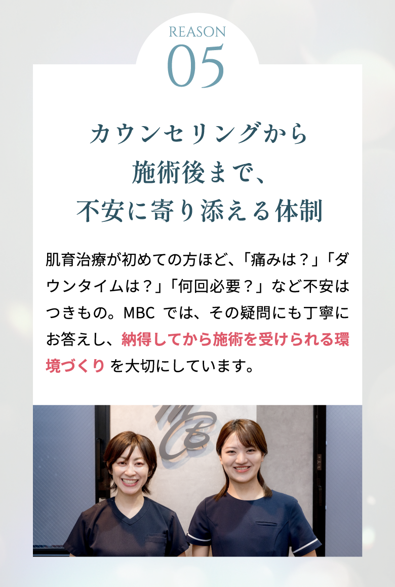 カウンセリングから施術後まで、不安に寄り添える体制
